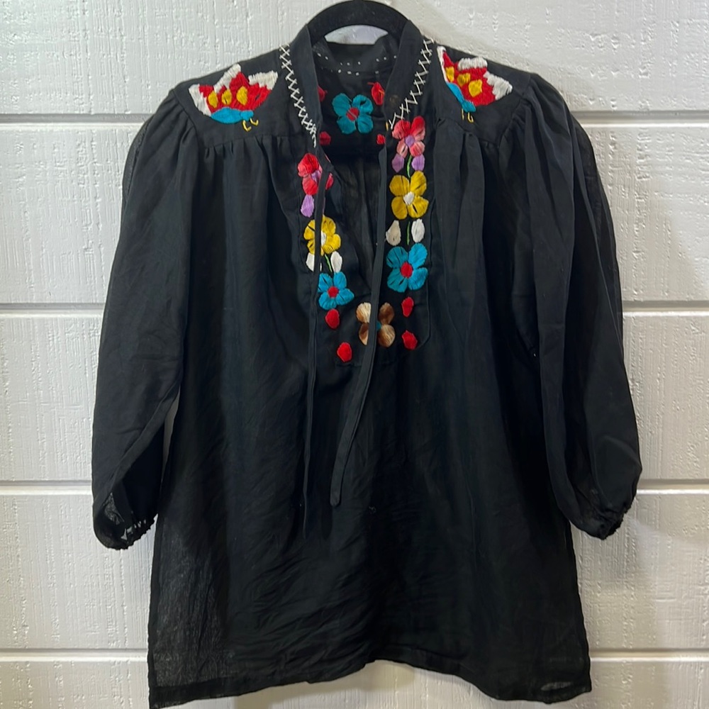 Vintage 1960/70 cotton voile embroidered tunic - Picture 1 of 3